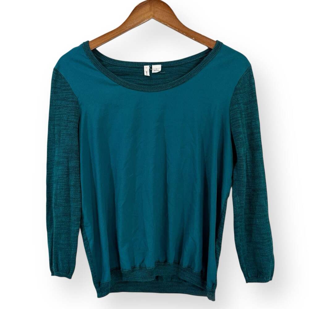 Anthropologie MOTH Teal Green Blouse Womens S Satin Knit Cotton Blend 3/4 Sleeve